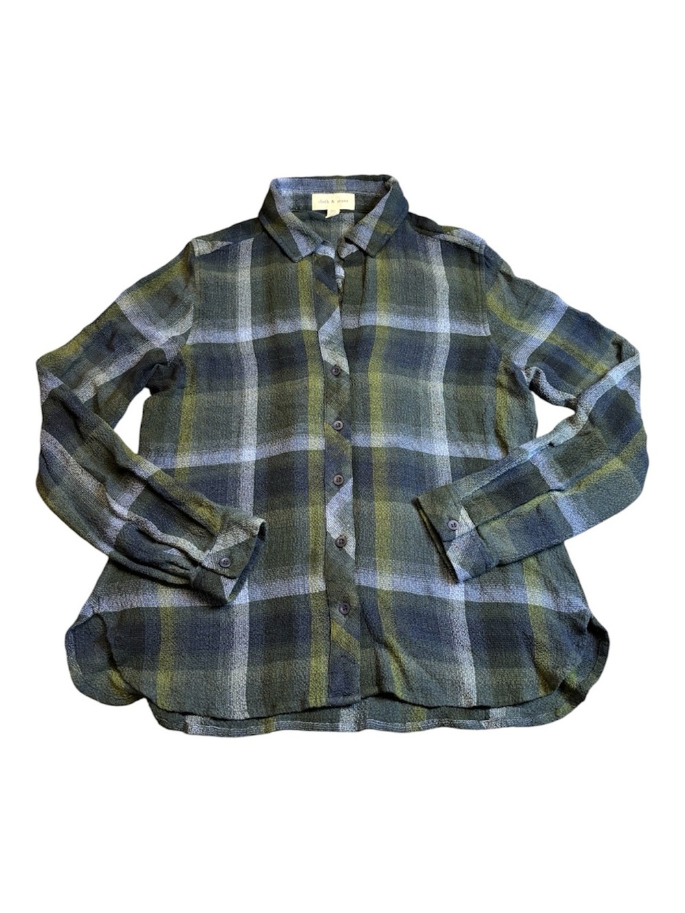 Cloth & Stone Plaid Button Down Shirt Women's Small Blue Green Gray EUC